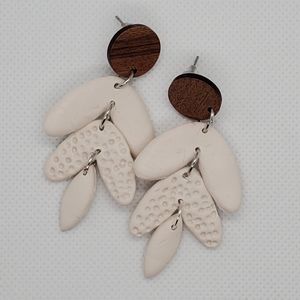 Handmade Clay Earrings White and Wood Drop